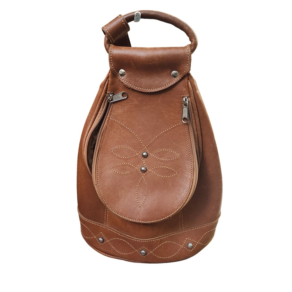 Vintage AW Leather Sling Brown Western Concho Teardrop Bag Stitching